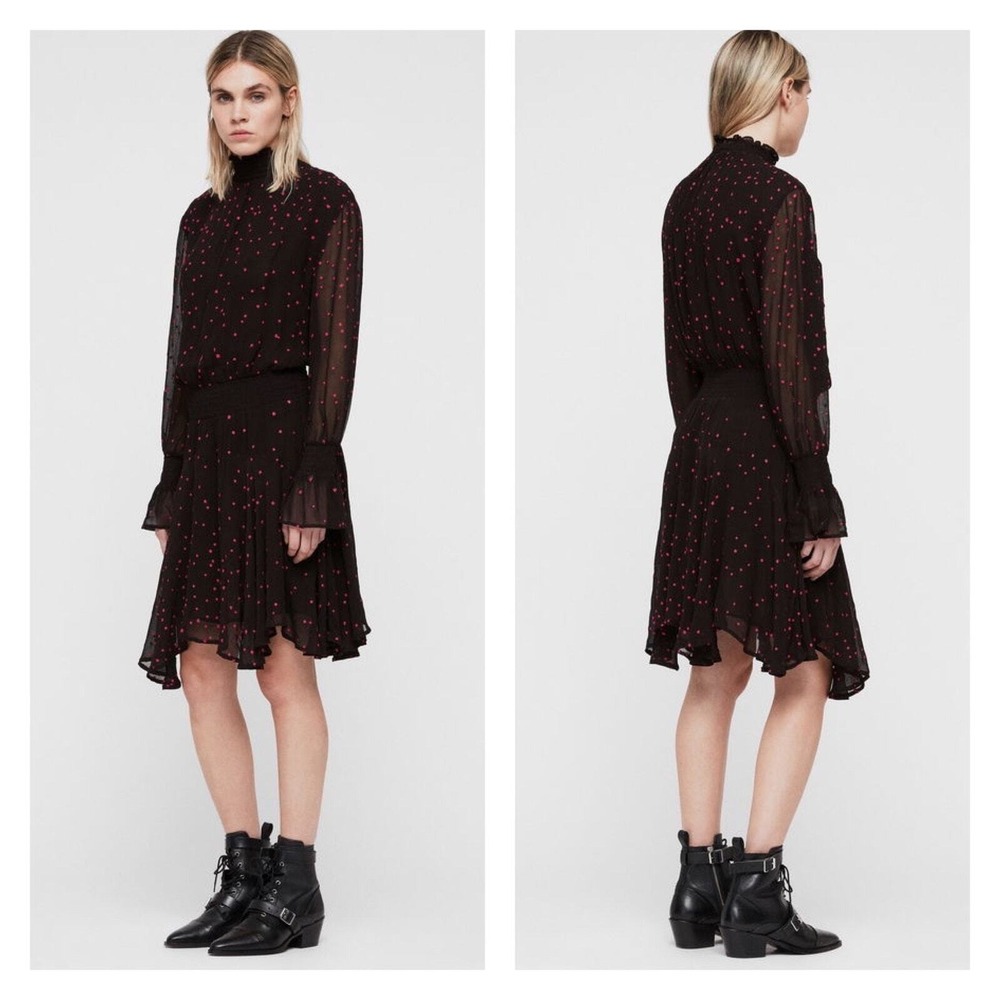 ALLSAINTS Ria Nala Dress Large Black Pink Star Embroidered Mini Long Sleeve